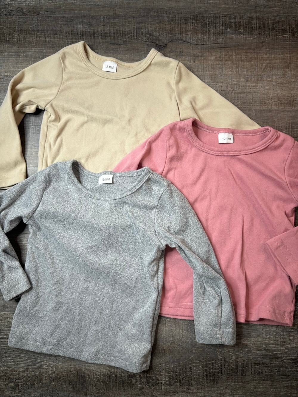 Girls Long Sleeve Set of 3 - Tan, Gray, Pink - Super Soft - 12-18 Months